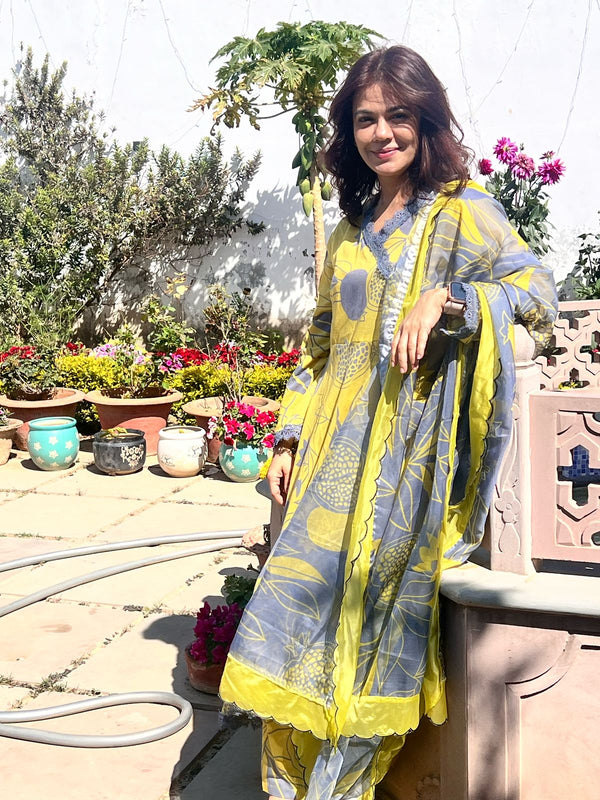 Yellow Floral Printed Kurta Set with Dupatta