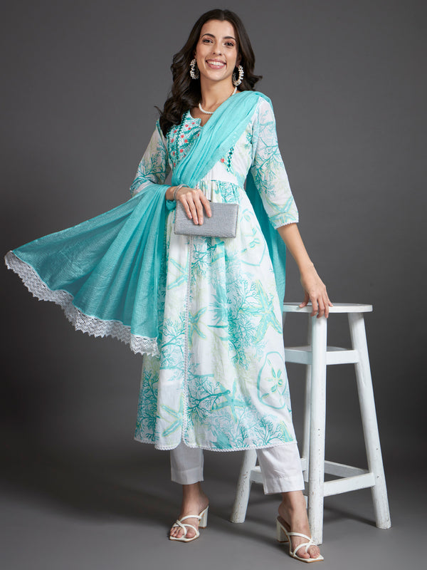 Floral Printed Mirror Work High Slit Kurta With Trousers & Dupatta