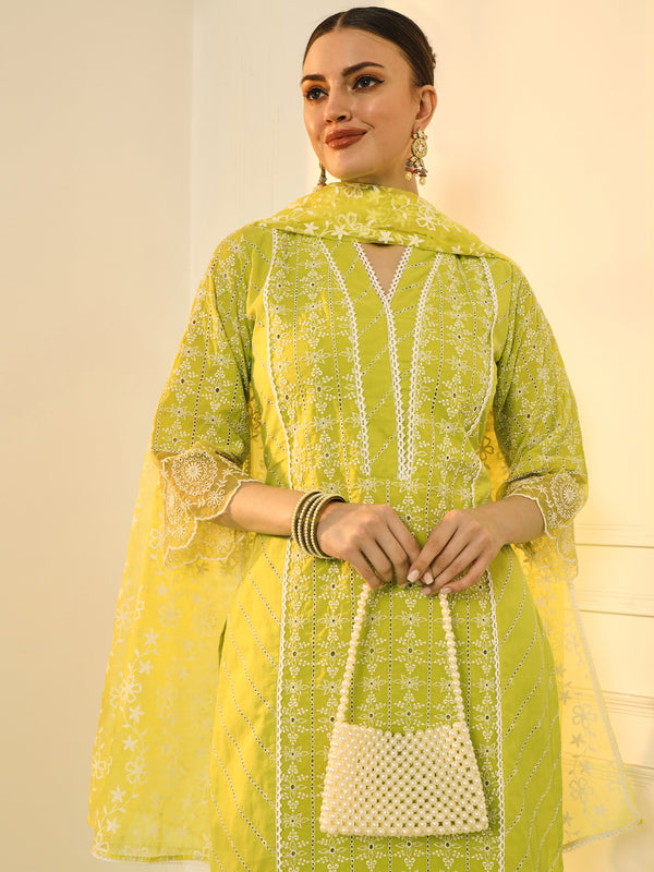 Green Schiffli Embroidered Pure Cotton Kurta Set with Organza Dupatta