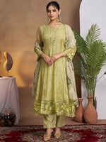 Olive Organza Embroidered Anarkali Kurta Set with Floral Printed Dupatta