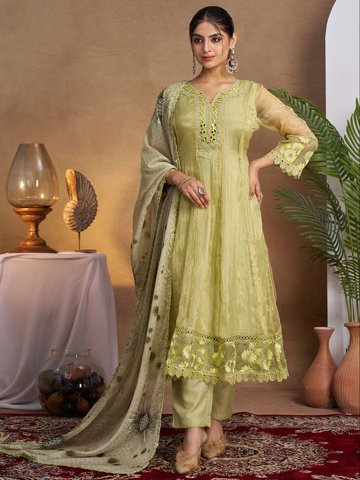 This Kurta Set features intricate embroidery on a lightweight, glossy organza fabric. Shop Now!