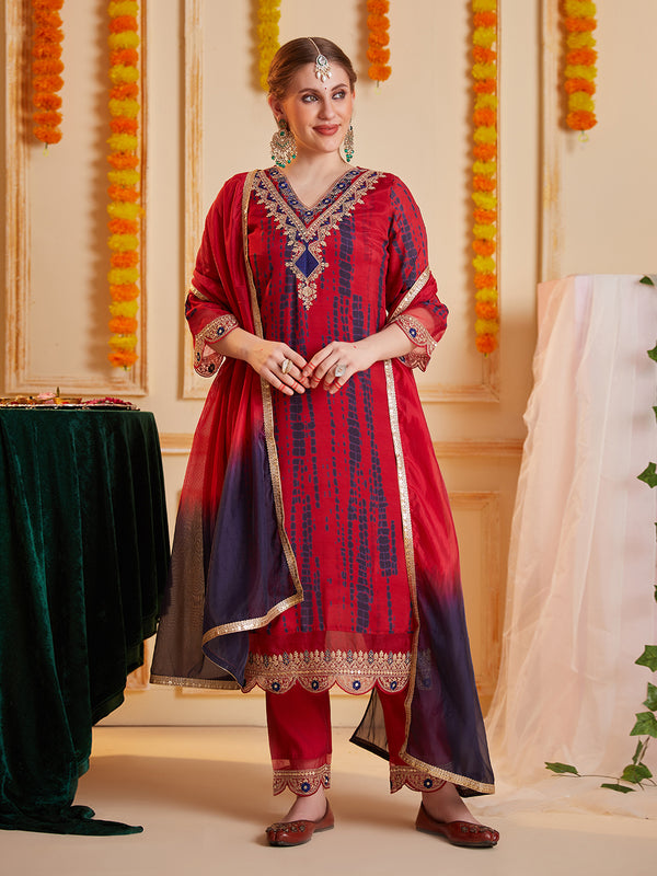 Red Multi Embroidered Neck and Printed Kurta Set with Dupatta