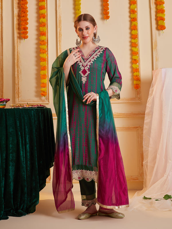 Green Multi Embroidered Neck and Printed Kurta Set with Dupatta