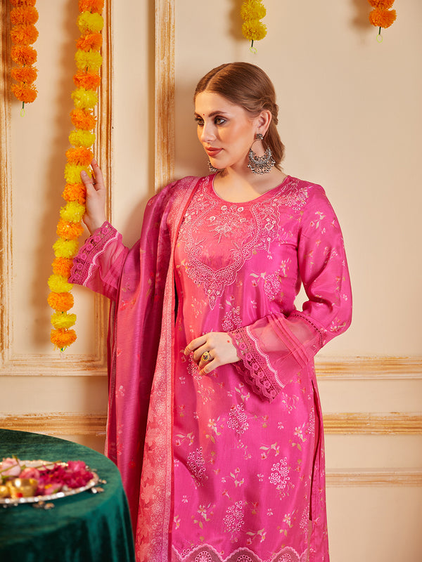 Pink Floral Printed and Embroidered Kurta Set with Dupatta