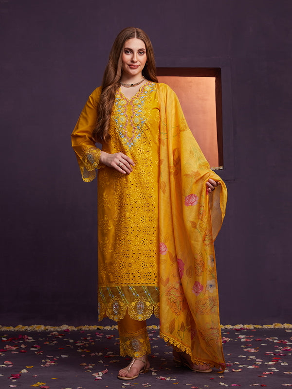 Yellow Schiffli and Multi Embroidered Kurta Set with Floral Printed Dupatta