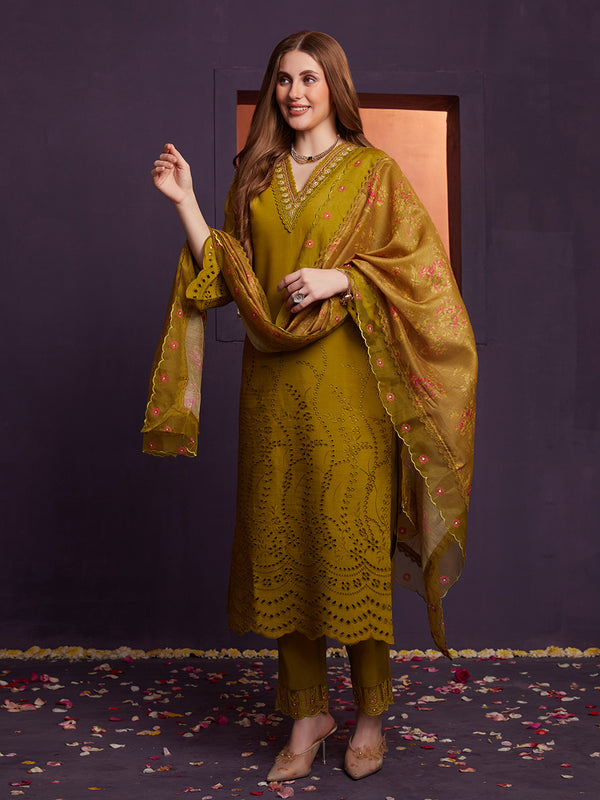 Olive Schiffli Embroidered Kurta Set with Floral Printed Dupatta