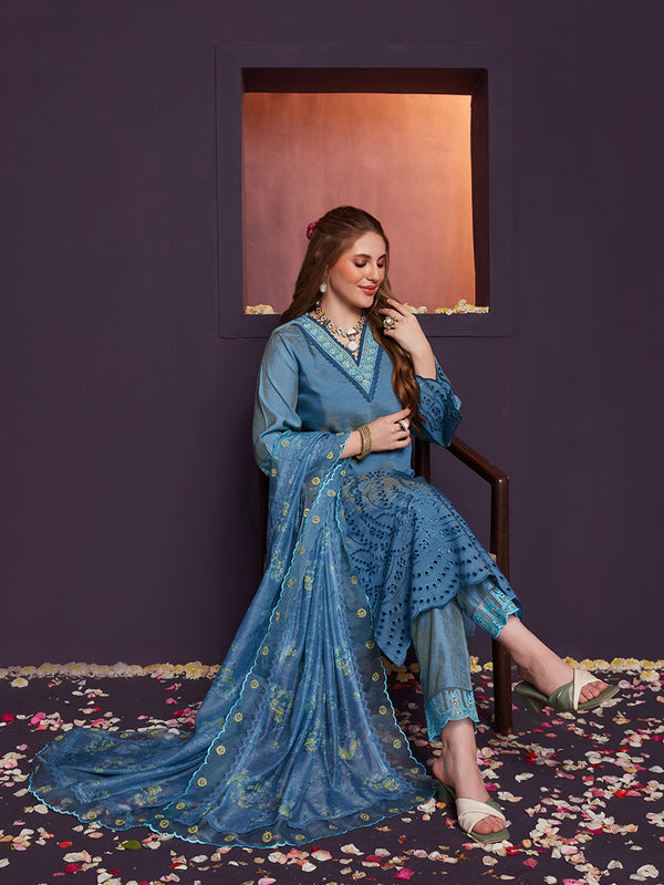 Blue Schiffli Embroidered Kurta Set with Floral Printed Dupatta