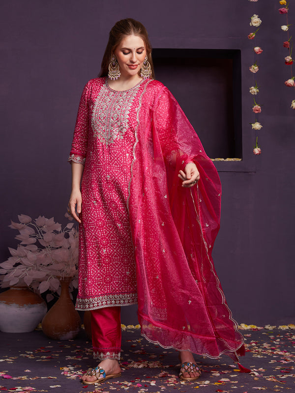 Pink Bandhani Printed and Multi Embroidered Kurta Set with Organza Dupatta