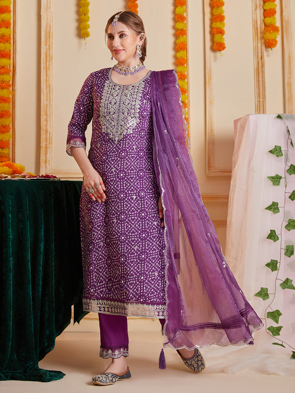 Purple Bandhani Printed and Multi Embroidered Kurta Set with Organza Dupatta