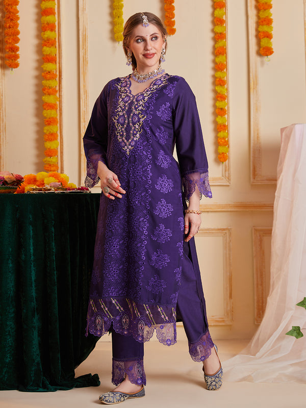 Purple Schiffli and Multi Embroidered Kurta Set with Floral Printed Dupatta