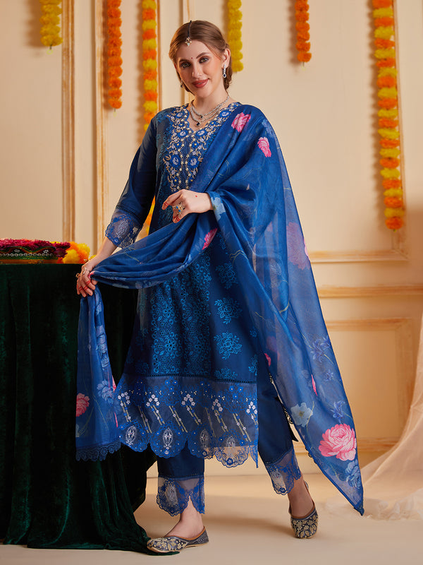 Blue Schiffli and Multi Embroidered Kurta Set with Floral Printed Dupatta