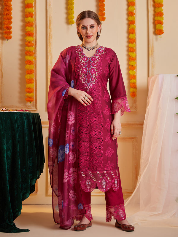 Pink Schiffli and Multi Embroidered Kurta Set with Floral Printed Dupatta