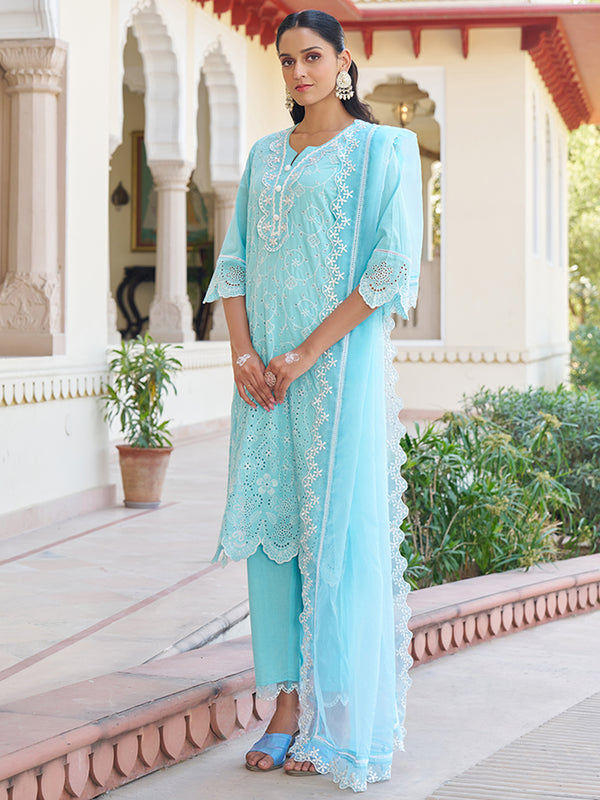 Breathe elegance in this Blue Floral Schiffli Embroidered Cotton Kurta Set. Shop Now!