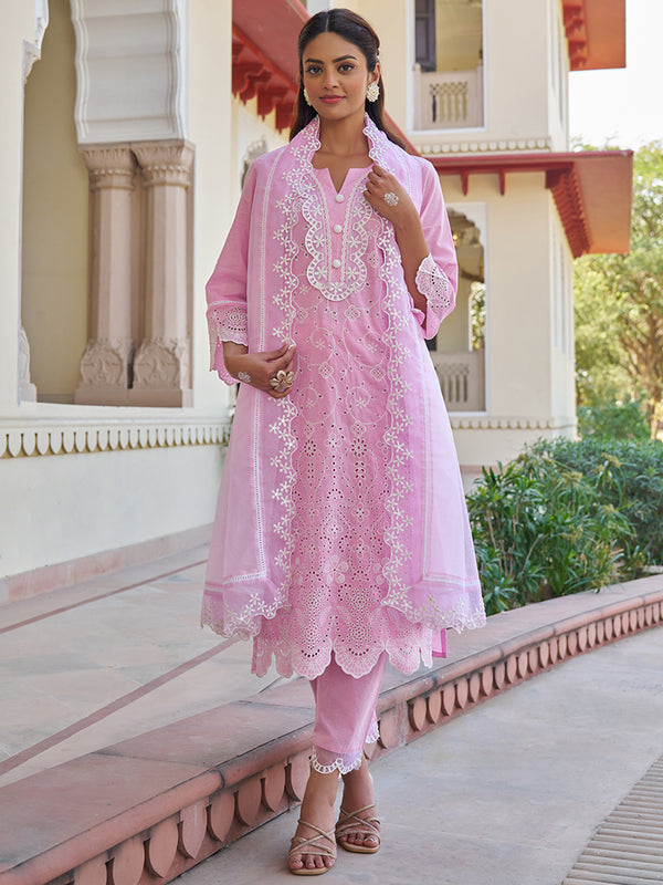 Breathe elegance in this Pink Floral Schiffli Embroidered Cotton Kurta Set. Shop Now!