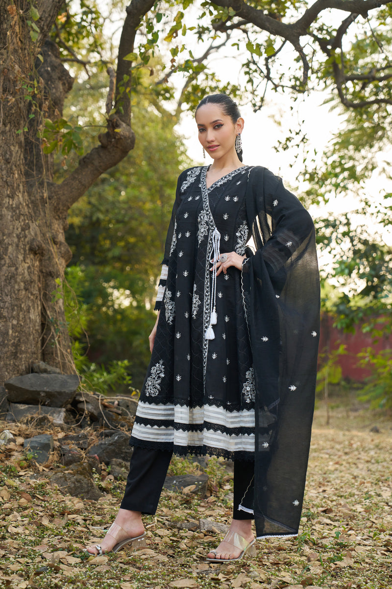 Midnight Black Mul Chanderi embroidered Angrakha Anarkali set - full front view