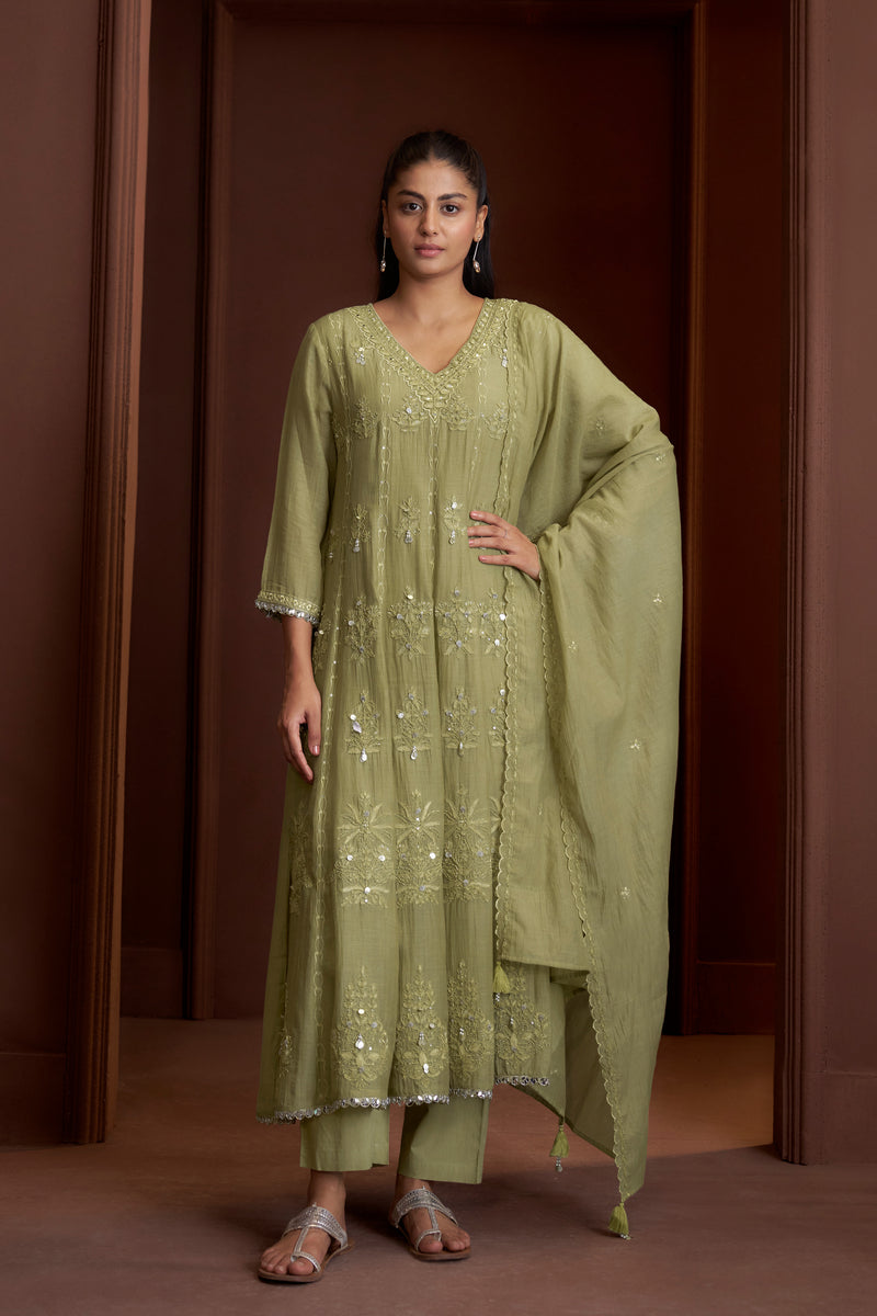 Sage Green Mul Chanderi Handwork Anarkali Set – view 1