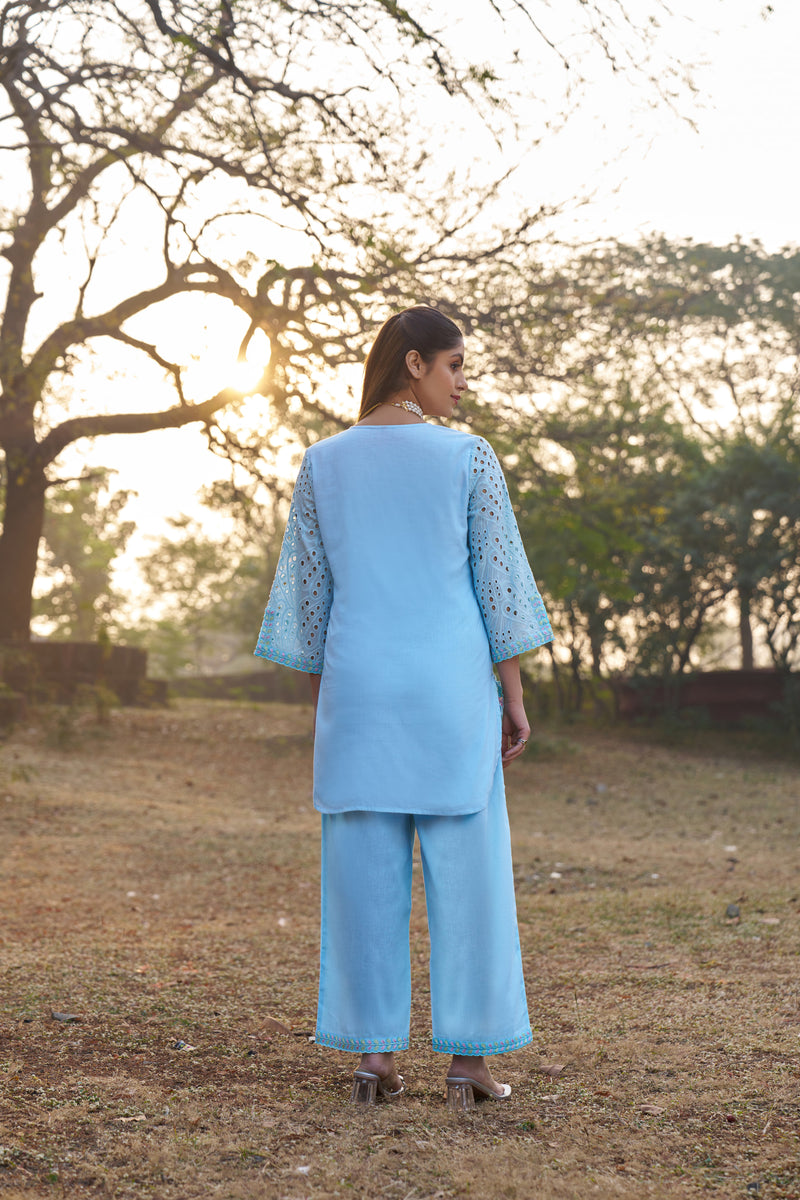 Sky Blue Cotton Cambric Schiffli Embroidered Co-ord Set — view 1