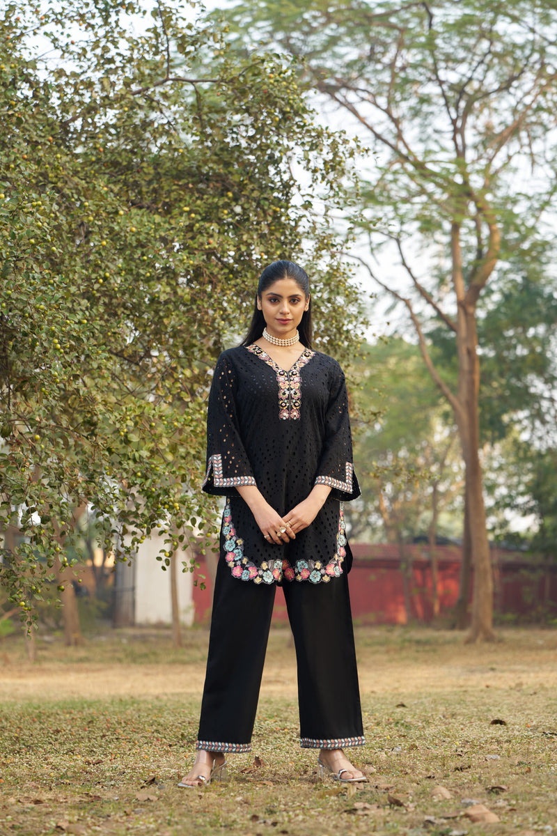 Midnight Black Cotton Cambric Schiffli Embroidered Co-ord Set — view 2