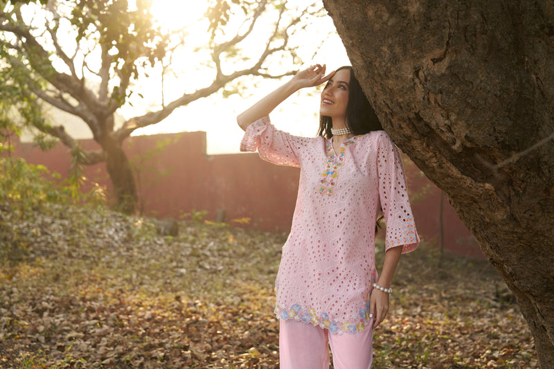 Blush Pink Cotton Cambric Schiffli Embroidered Co-ord Set — view 1