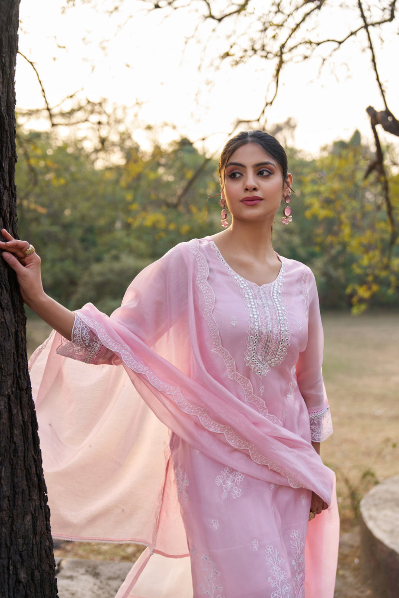 Blush Rose Murmurry Silk Mirror Embroidered Kurta Set — view 1