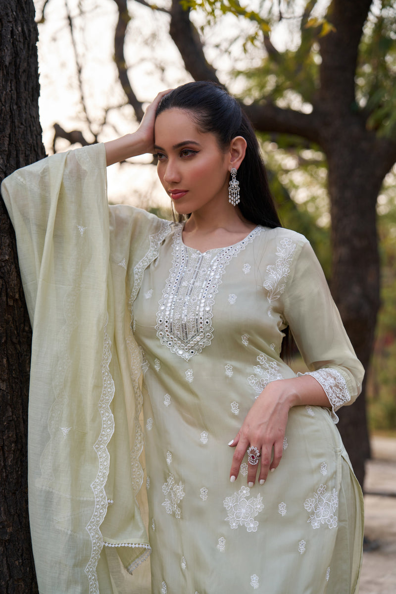 Sage Mist Murmurry Silk Mirror Embroidered Kurta Set — view 1