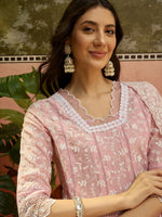 Blush Pink Mul Chanderi Schiffli Embroidered Anarkali Set