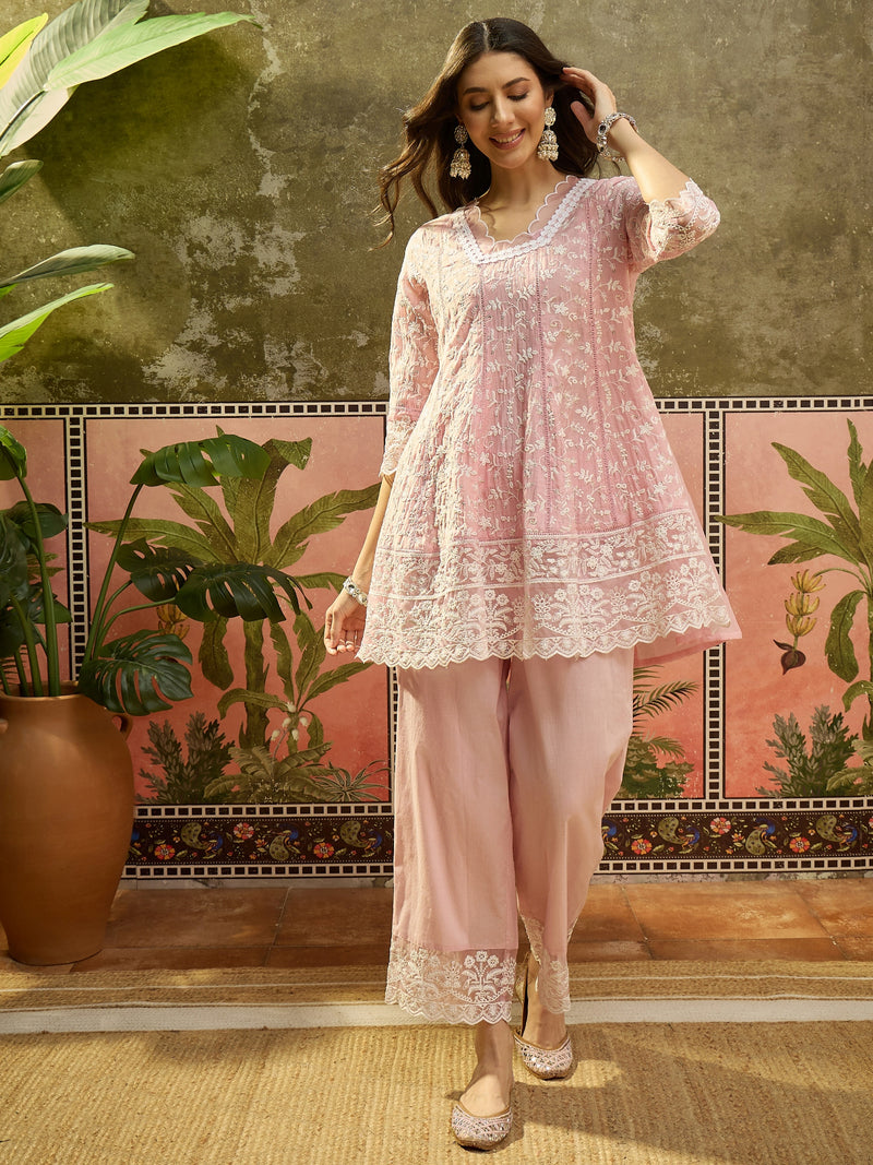 Blush Pink Mul Chanderi Schiffli Embroidered Anarkali Set — view 5
