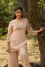 Peach Bloom Viscose Jacquard Hand-Embroidered Co-ord Set