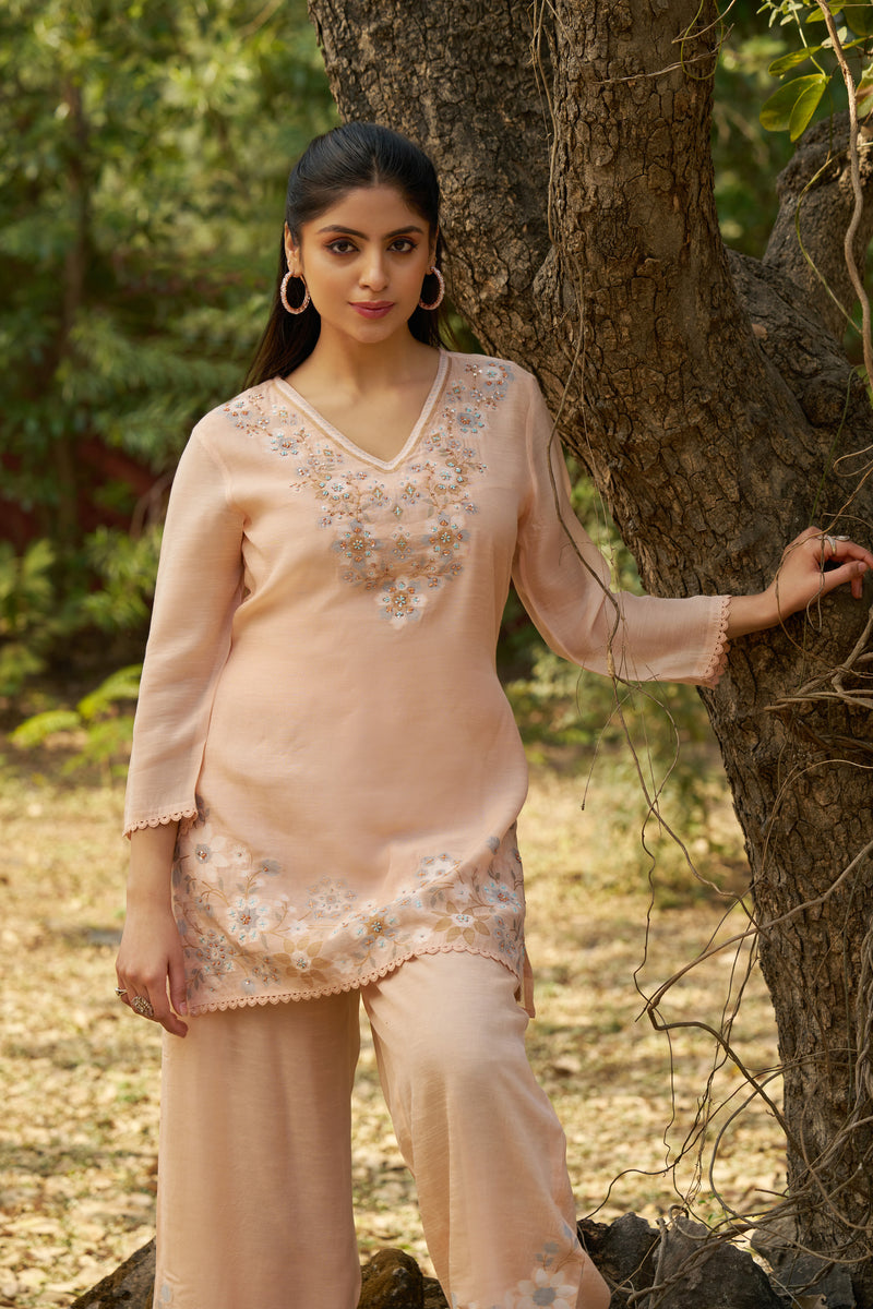 Peach Bloom Viscose Jacquard Hand-Embroidered Co-ord Set — view 1