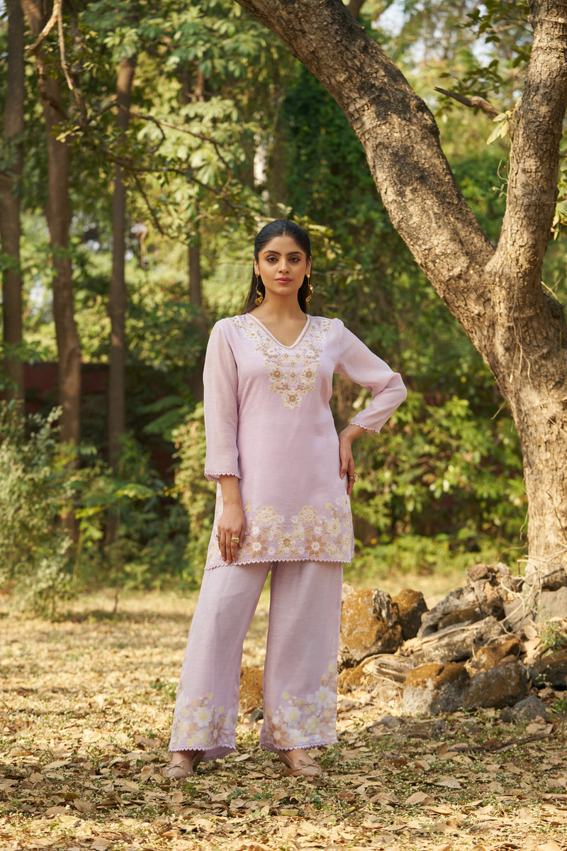 Lilac Mist Viscose Jacquard Hand-Embroidered Co-ord Set — view 3
