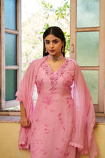 Rani Pink Mul Chanderi 3D Floral Embroidered Kurta Set