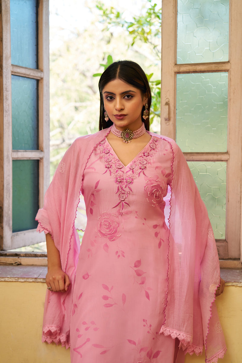 Rani Pink Mul Chanderi 3D Floral Embroidered Kurta Set — view 1