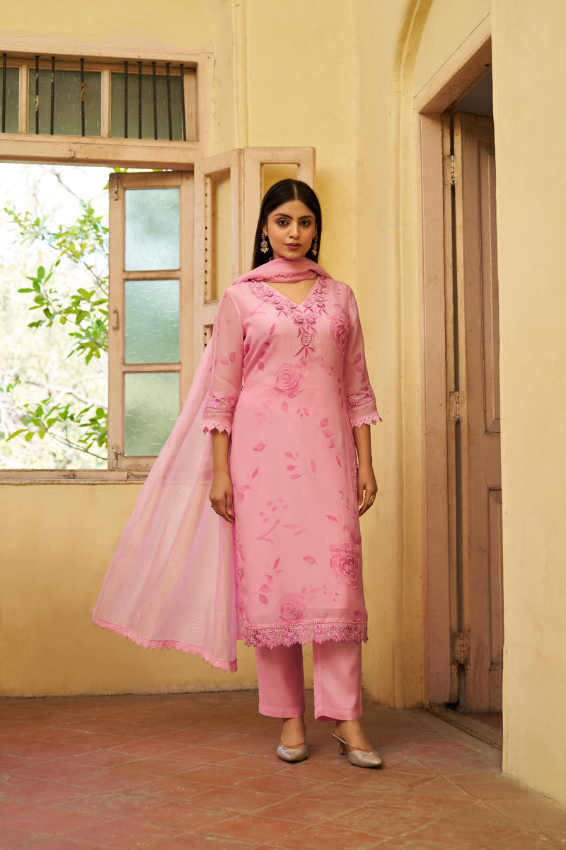 Rani Pink Mul Chanderi 3D Floral Embroidered Kurta Set — view 6