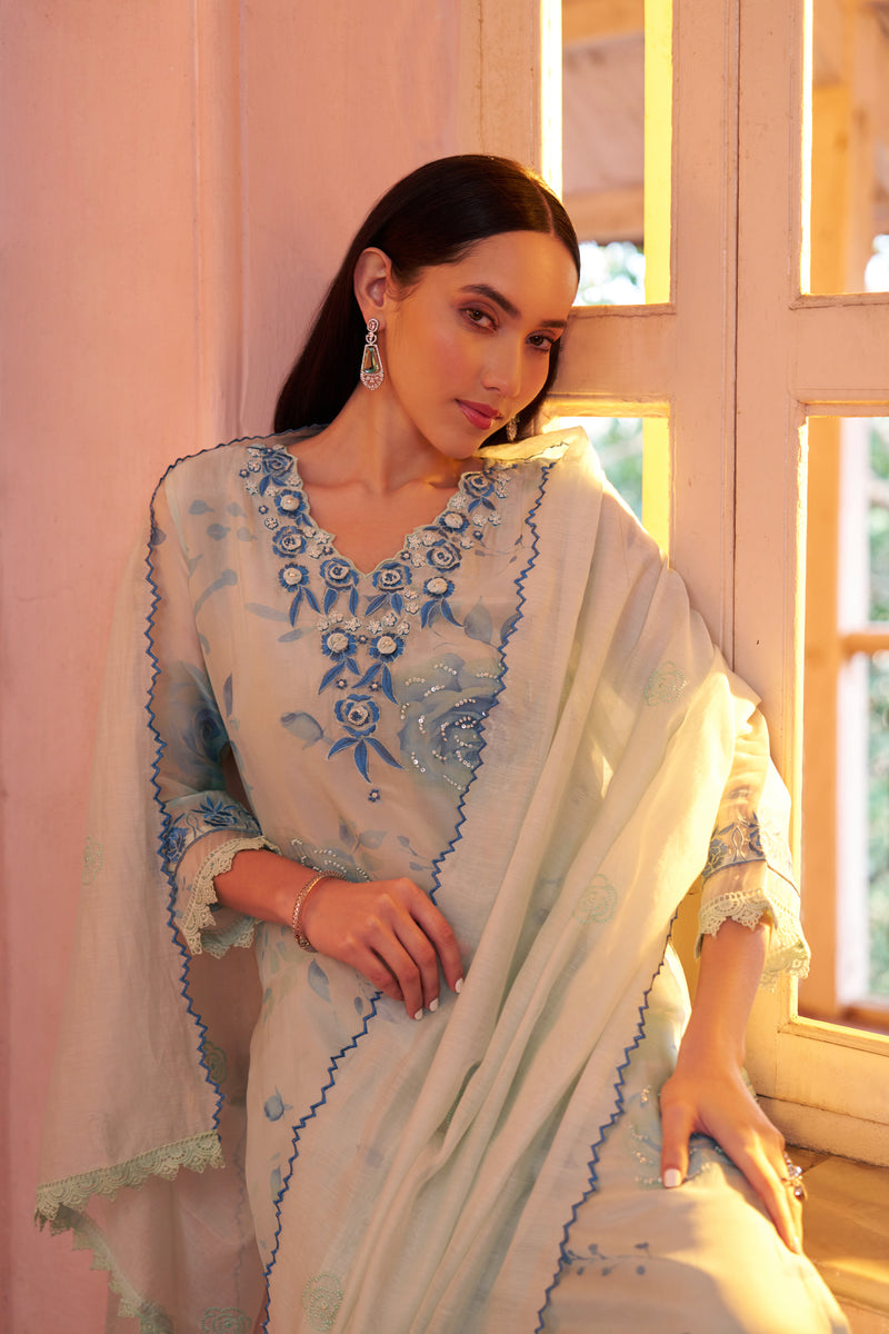 Ivory Azure Mul Chanderi 3D Floral Embroidered Kurta Set — view 1