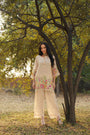 Almond Cream Mul Chanderi Floral Hand-Embroidered Co-ord Set