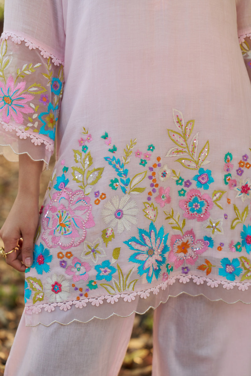 Lilac Bloom Mul Chanderi Floral Hand-Embroidered Co-ord Set — view 1