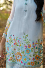 Powder Blue Mul Chanderi Floral Hand-Embroidered Co-ord Set