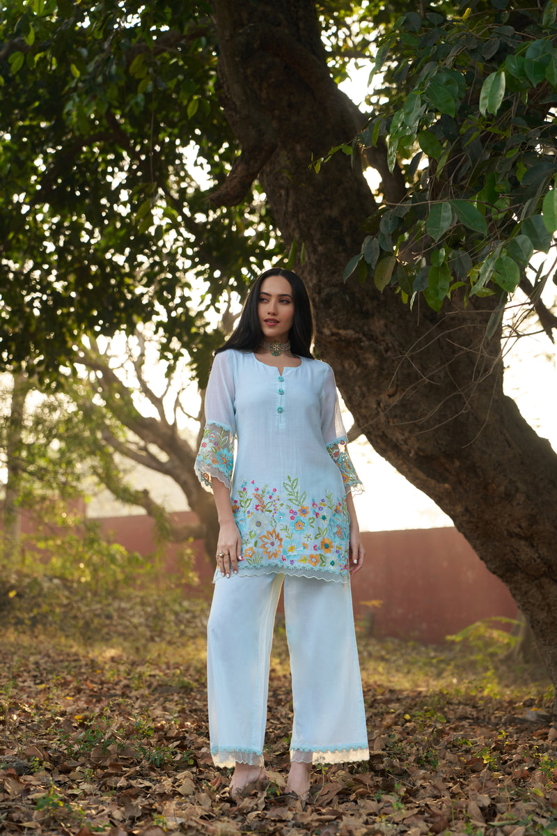 Powder Blue Mul Chanderi Floral Hand-Embroidered Co-ord Set — view 2
