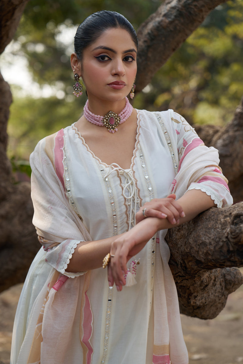 Pearl Ivory Mul Chanderi Mirror Embroidered Kurta Set — view 1
