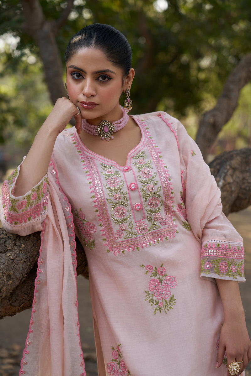 Blush Pink Mul Chanderi Hand-Embroidered Kurta Set — view 1