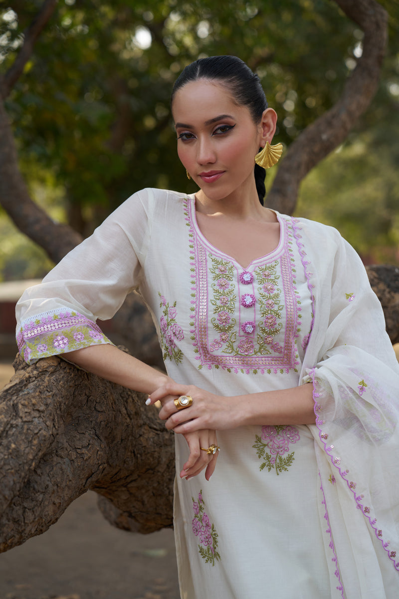 Pearl Ivory Mul Chanderi Hand-Embroidered Kurta Set — view 1