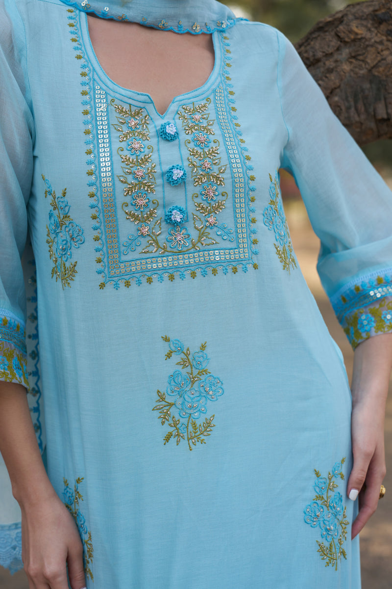 Aqua Blue Mul Chanderi Hand-Embroidered Kurta Set — view 1