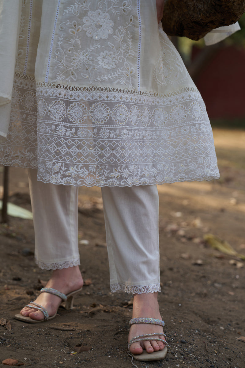 Pearl Ivory Mul Chanderi Chikankari Schiffli Anarkali Set — view 1