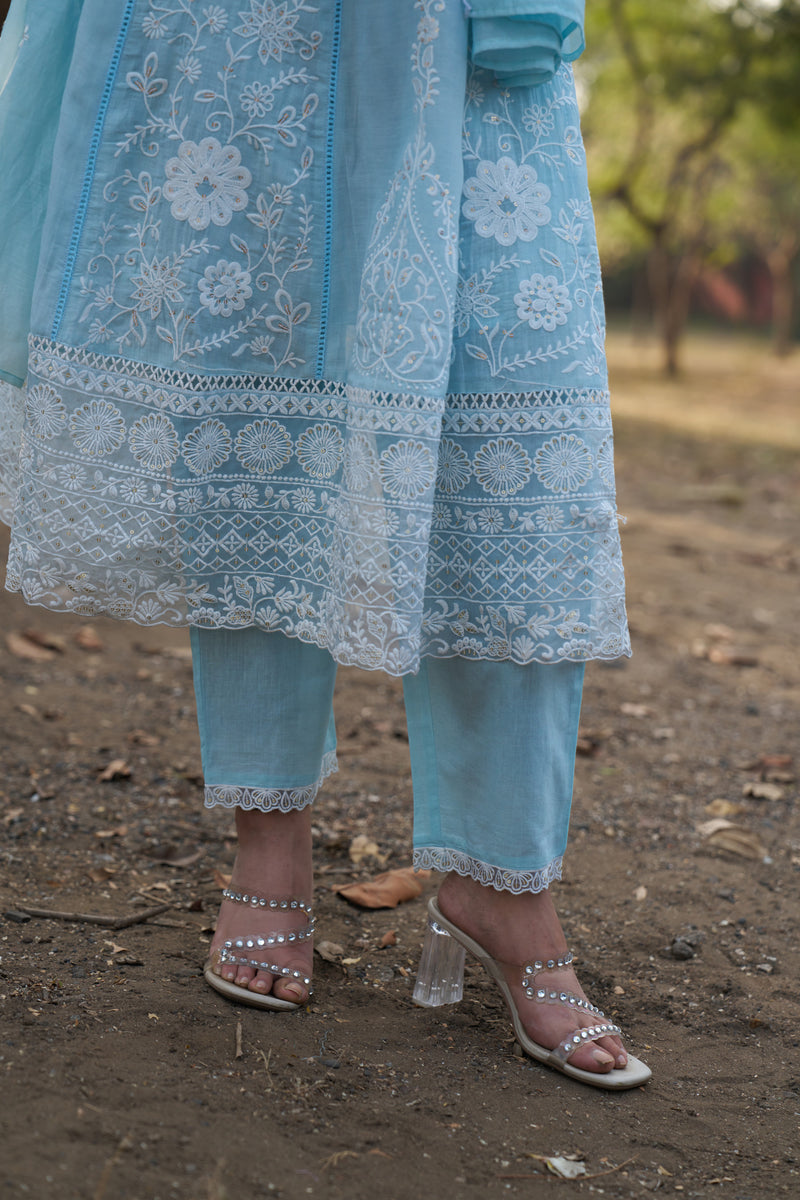 Powder Blue Mul Chanderi Chikankari Schiffli Anarkali Set — view 1