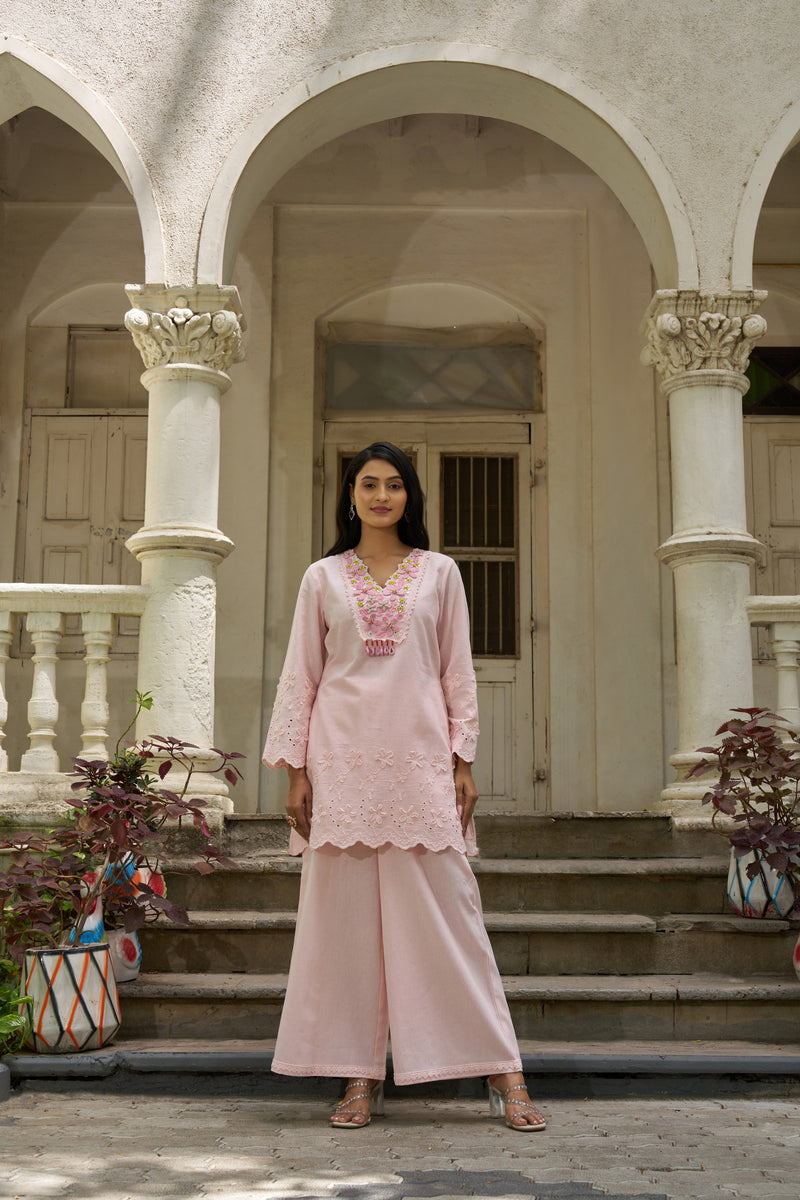 Blush Rose Cotton Flex Schiffli Embroidered Co-ord Set - front view