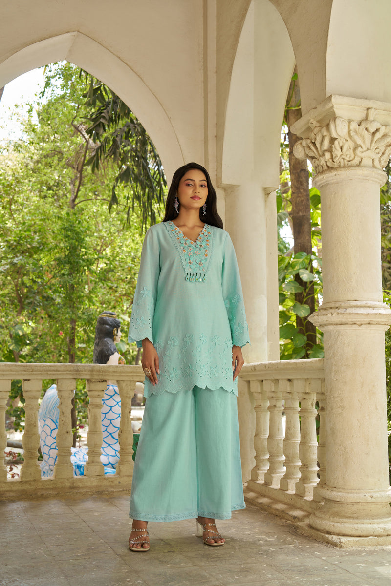 Aqua Mist Cotton Flex Schiffli Embroidered Co-ord Set - front view