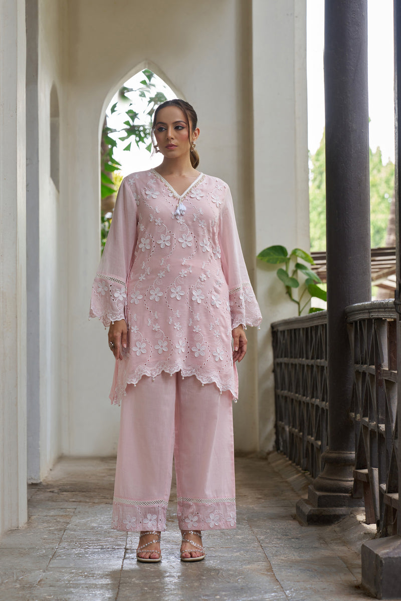 Blush Pink Mul Chanderi 3D Schiffli Embroidered Co-ord Set - front view