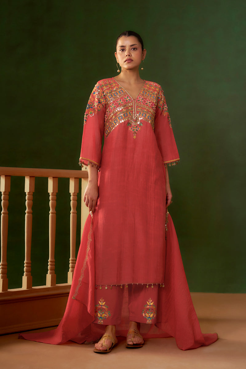 Coral Rose Mul Chanderi Hand-Sequin Embroidered Kurta Set - Full front view