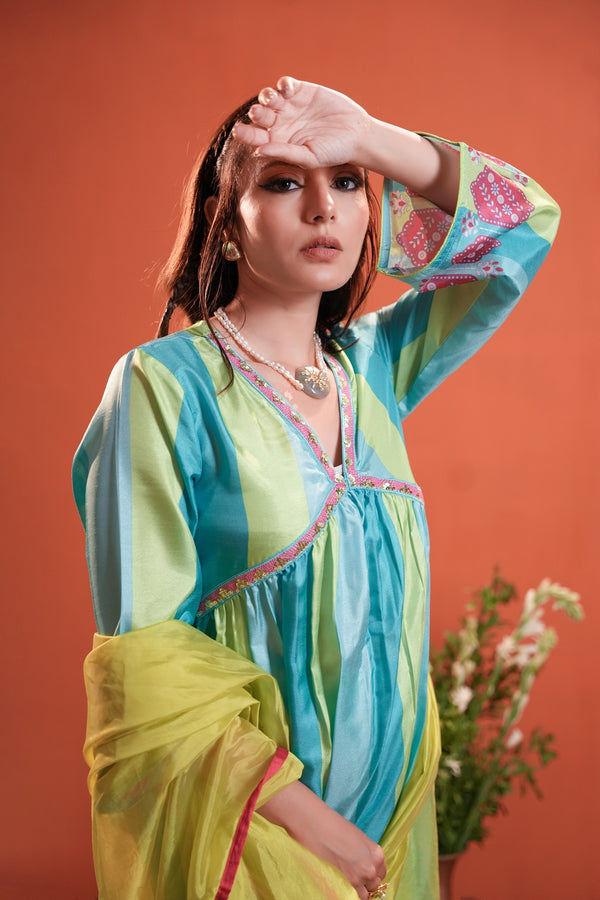 Blue and Green Printed Kurta Set with Dupatta