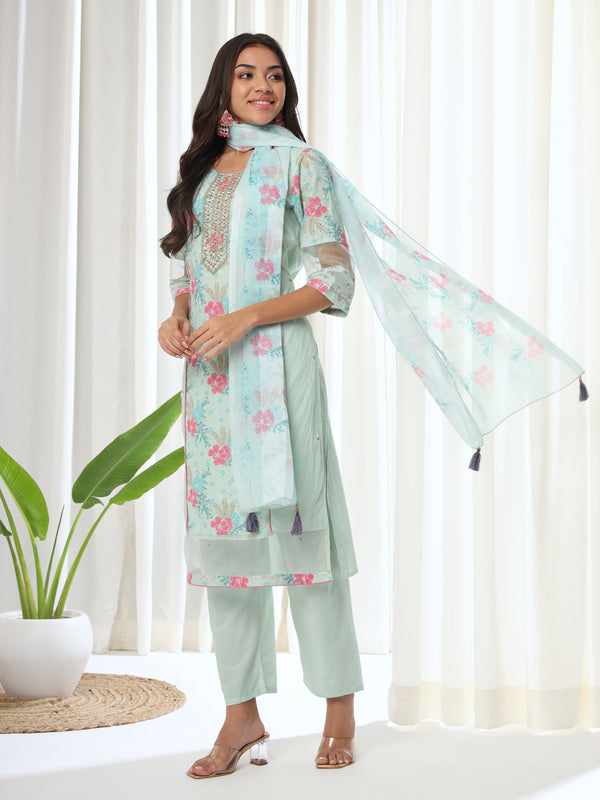 Floral Printed Beads and Stones Detail Straight Kurta & Trousers With Dupatta
